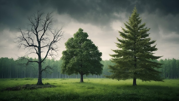 Photo Realistic as Dying Trees and Flourishing Forest concept as A view illustrating dying trees and