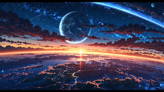 Photo Realistic as Earth Dawn and Space Nightfall concept as A view showing Earth at dawn and space