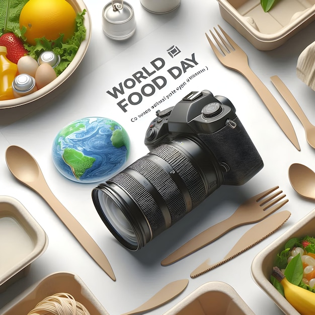 Photo photo realistic as eco friendly utensils and compostable packaging with world food day text isolated