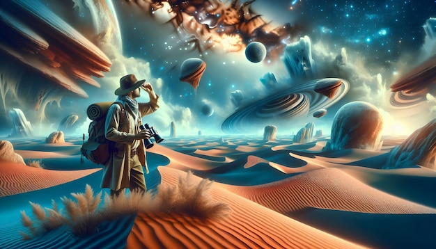 Photo Realistic as Explorer with Binoculars and Hat in Fantasy Desert concept as Long shot of an exp