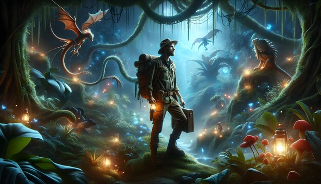 Photo Realistic as Explorer with Hat and Backpack in Enchanted Jungle concept as Long shot of an exp