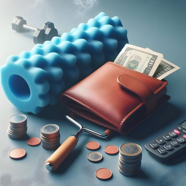 Photo photo realistic as foam roller and wallet concept as a foam roller paired with a wallet representing