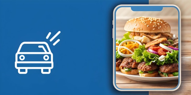 Photo photo realistic as food delivery icon with space for text and graphics on a blue background concept