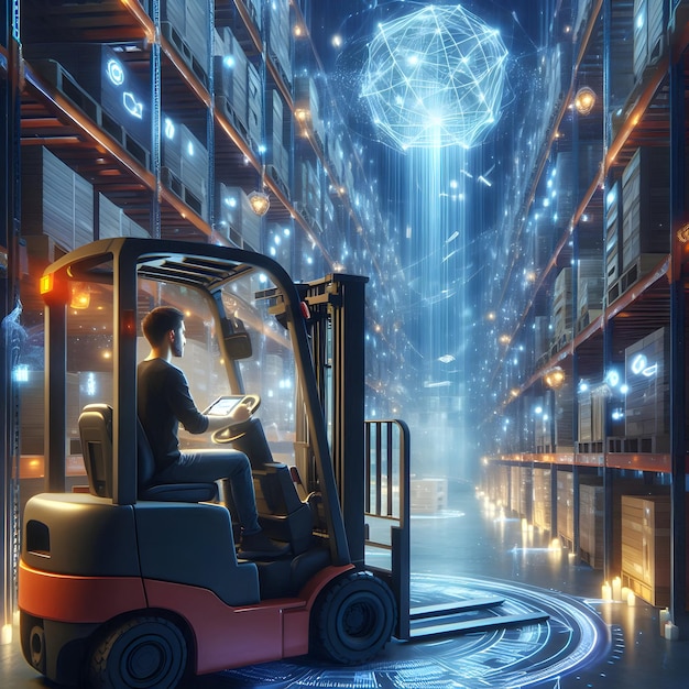 Photo photo realistic as forklift driver with inventory scanner and pallet racks in magical warehouse conc