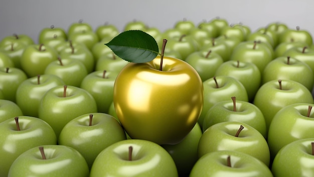 Photo Realistic as Golden Apple Among Green Apples concept as A single golden apple stands out among