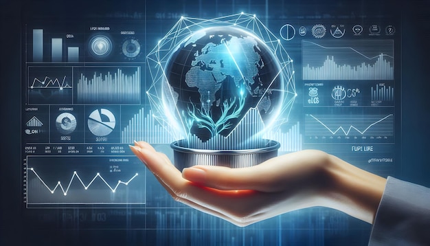 Photo Realistic as Hand with Holographic Mutual Fund and Investment Chart concept as A photo showing