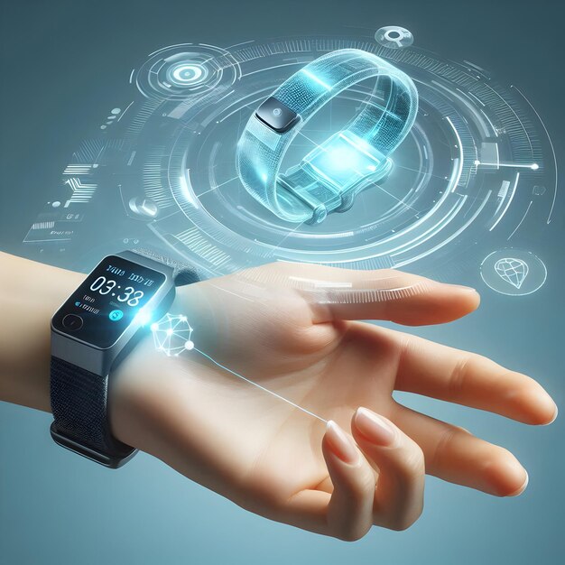 Photo photo realistic as hand with holographic smart wearables and fitness tracker concept as a photo depi