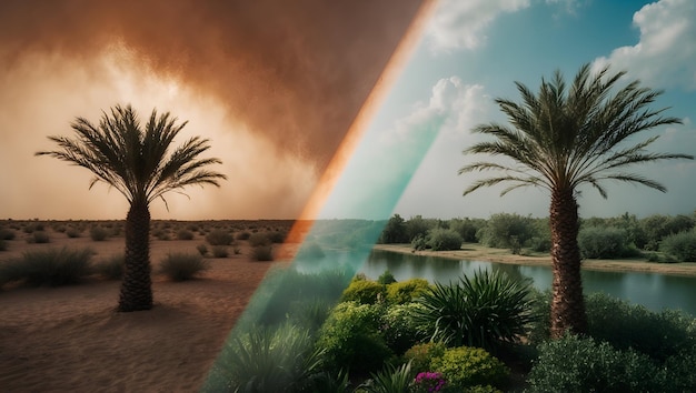 Photo Realistic as Heatwave and Lush Oasis concept as A view showing the impact of a heatwave and a