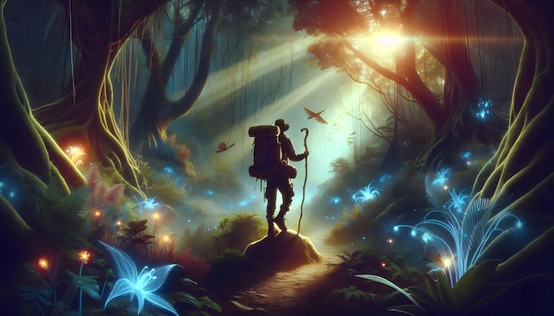 Photo photo realistic as hiker with walking stick and backpack in enchanted forest concept as long shot of