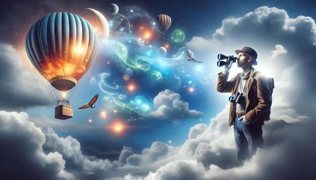 Photo Realistic as Hot Air Balloonist with Hat and Binoculars in Fantasy Sky concept as Long shot of