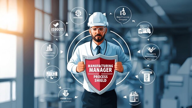 Photo photo realistic as manufacturing manager with process flowchart and shield concept as an image of a