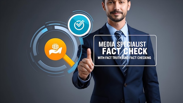 Photo Realistic as Media Specialist with Fact Check Tool and Truth Icon concept as An image of a med