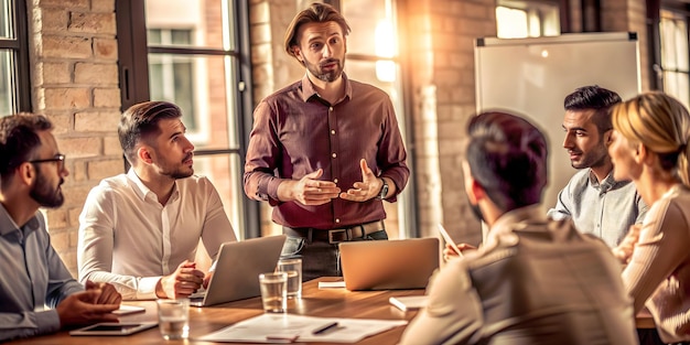 Photo Realistic as Project manager leading a status update meeting concept as A vector illustration