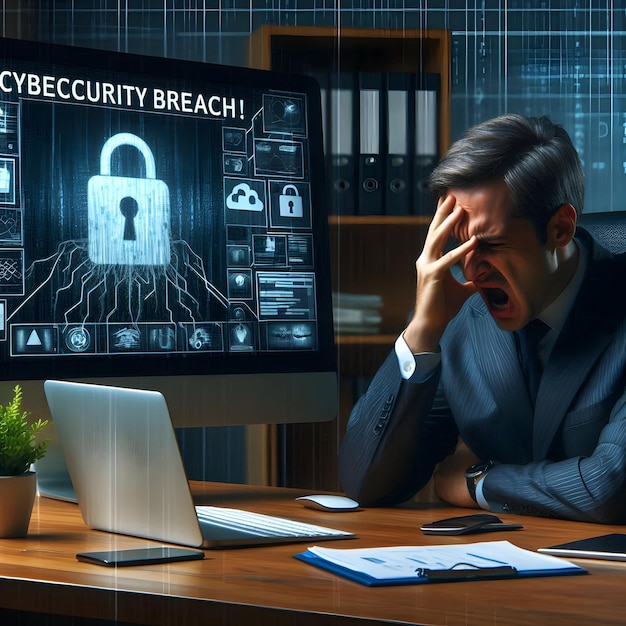 Photo realistic as Senior manager looking at a cybersecurity breach report appearing devastated conc