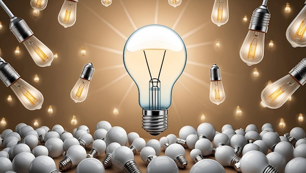 Photo Realistic as Shining Light Bulb Among Dim Bulbs concept as A single shining light bulb stands