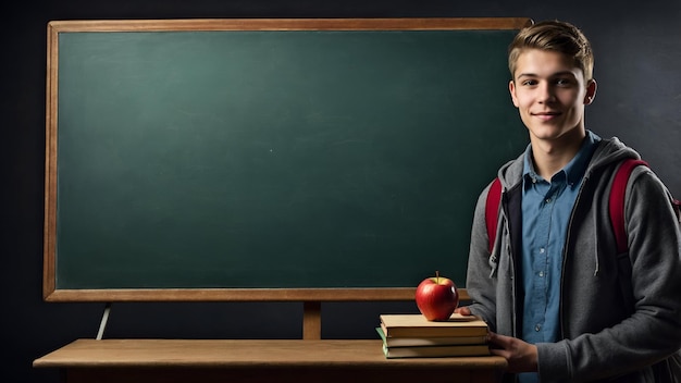 Photo Realistic as Student with Chalkboard and Apple concept as A student standing beside a chalkboa