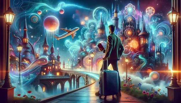 Photo photo realistic as traveler with suitcase and passport in fantasy cityscape concept as mid shot of a