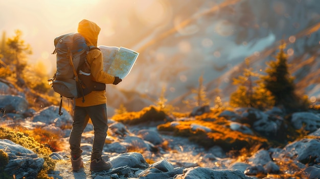 Photo realistic Backpacker with map exploring trail High resolution image capturing spirit of adven