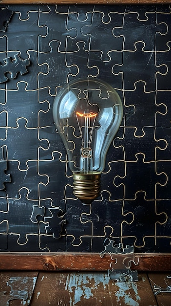 Photo Realistic Blackboard Puzzle Pieces Lightbulb Dreamy Background Text Graphics Problem Solving B