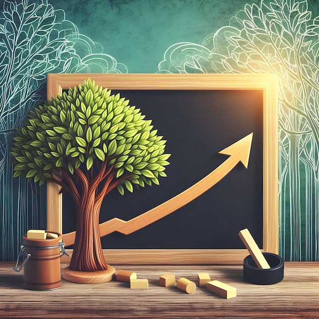 Photo photo realistic blackboard with rubber tree and rising line concept for stock photo increase in ru