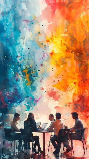 Photo Realistic Business Meeting with Watercolor Notes and Tablets Traditional Art Modern Technol