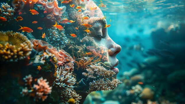 Photo realistic diver with coral reefs concept An underwater adventure featuring a diver seamlessly