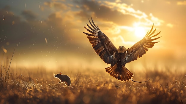 Photo Realistic of Eagle Flying High and Mouse on Ground Symbolizing High and Low Perspectives with