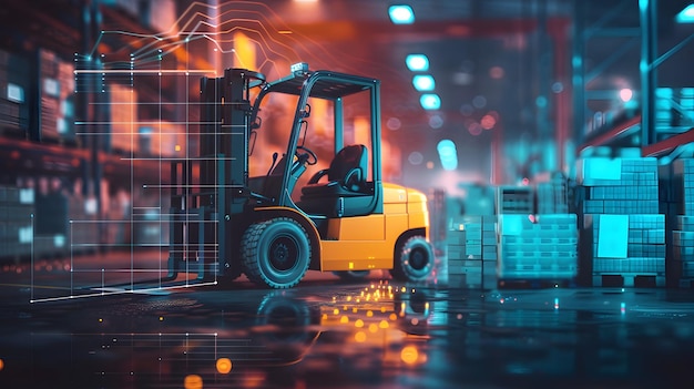 Photo Realistic Forklift and Budget Forecast Chart in Double Exposure for Distribution and Financial