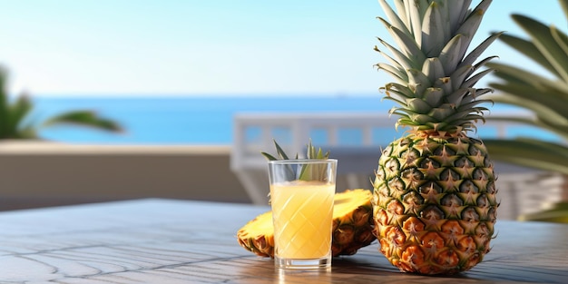 Photo realistic of fresh and delicious one whole pineapple with leaves on the beach table againts