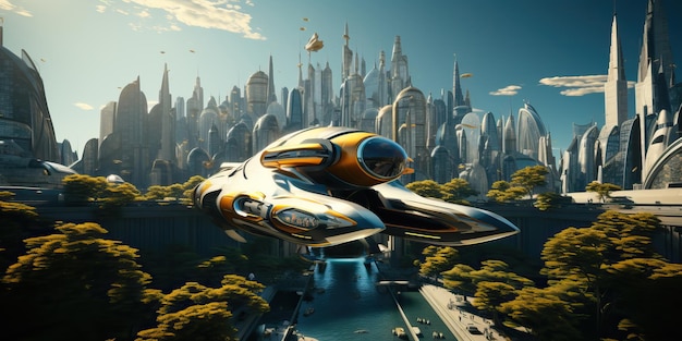 photo realistic futuristic city flying vehicles