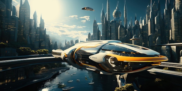 photo realistic futuristic city flying vehicles