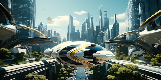 photo realistic futuristic city flying vehicles