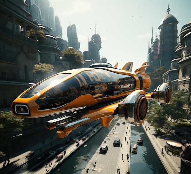 photo realistic futuristic city flying vehicles