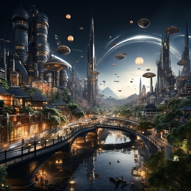 photo realistic futuristic city flying vehicles