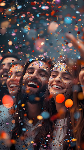 Photo Realistic Group of People Celebrating with Sparkling Confetti and Smiles on Whimsical Backgrou