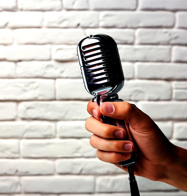 Photo photo realistic hand holding vintage microfone on white brick background