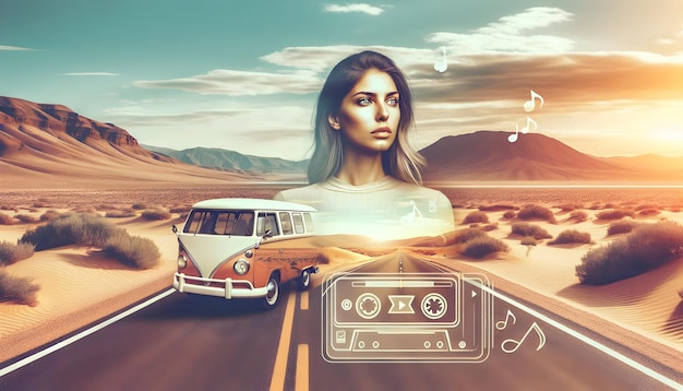 Photo photo realistic image of individual with van on desert highway road trip playlist overlay for deser