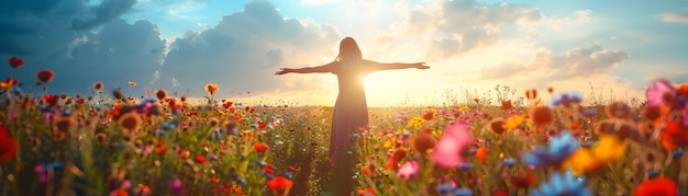 Photo photo realistic image of person in wildflower field expressing freedom and joy with copy space nat