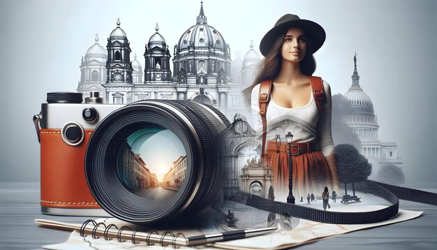 Photo Realistic Individual with Travel Lens and Camera Strap Overlay Symbolizing Architectural Trave