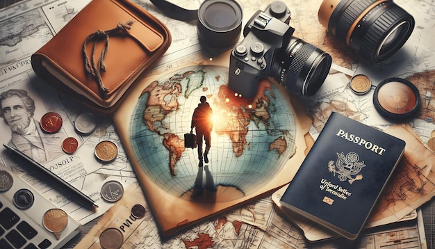 Photo Realistic International Travel Photography Concept Person with DSLR Camera Passport and Map