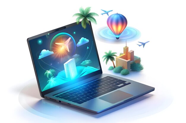 Photo photo realistic laptop with holographic ai vacation and holiday icons modern workspace with digital