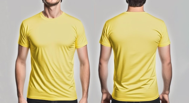 Photo realistic male yellow tshirts with copy space front and back view