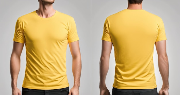 Photo realistic male yellow tshirts with copy space front and back view