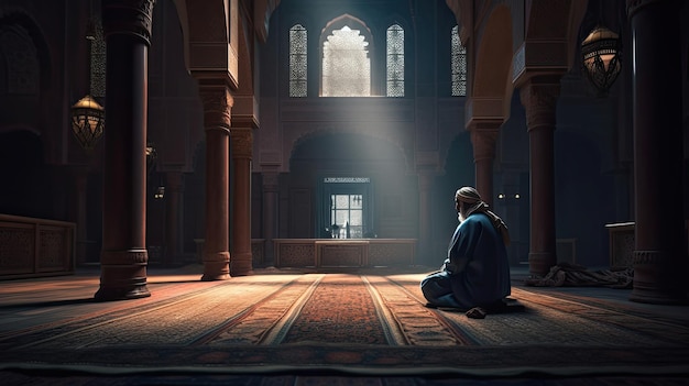 Photo realistic of one person praying inside golden mosque