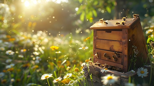 Photo realistic Organic farm beekeeping High resolution image highlighting bees importance in sust