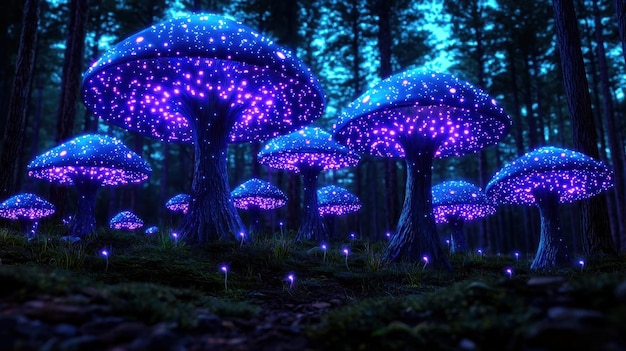 Photo a photo realistic painting of a mystical forest ancient trees with glowing bioluminescent mushrooms creating an enchanting and otherworldly atmosphere