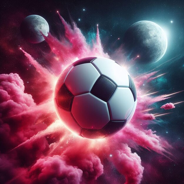 Photo realistic soccer ball as a planet in space with pink smoke and explosions with 2 moons in the