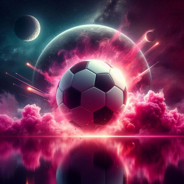 Photo realistic soccer ball as a planet in space with pink smoke and explosions with 2 moons in the