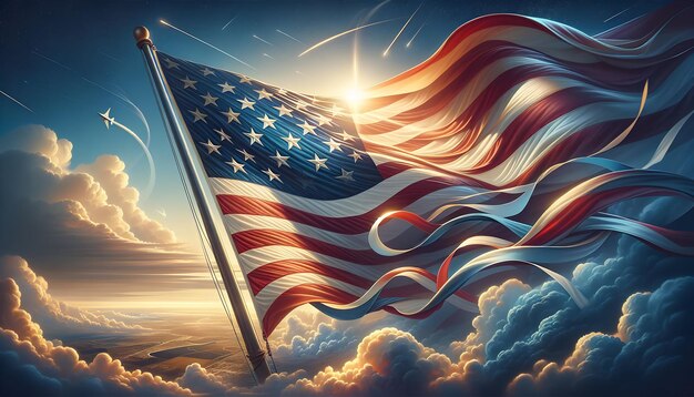 Photo realistic Star Spangled Banner American flag proudly waving against blue sky for US Independe