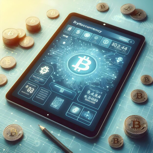 Photo photo realistic tablet with cryptocurrency app interface technology concept on photo stock with co